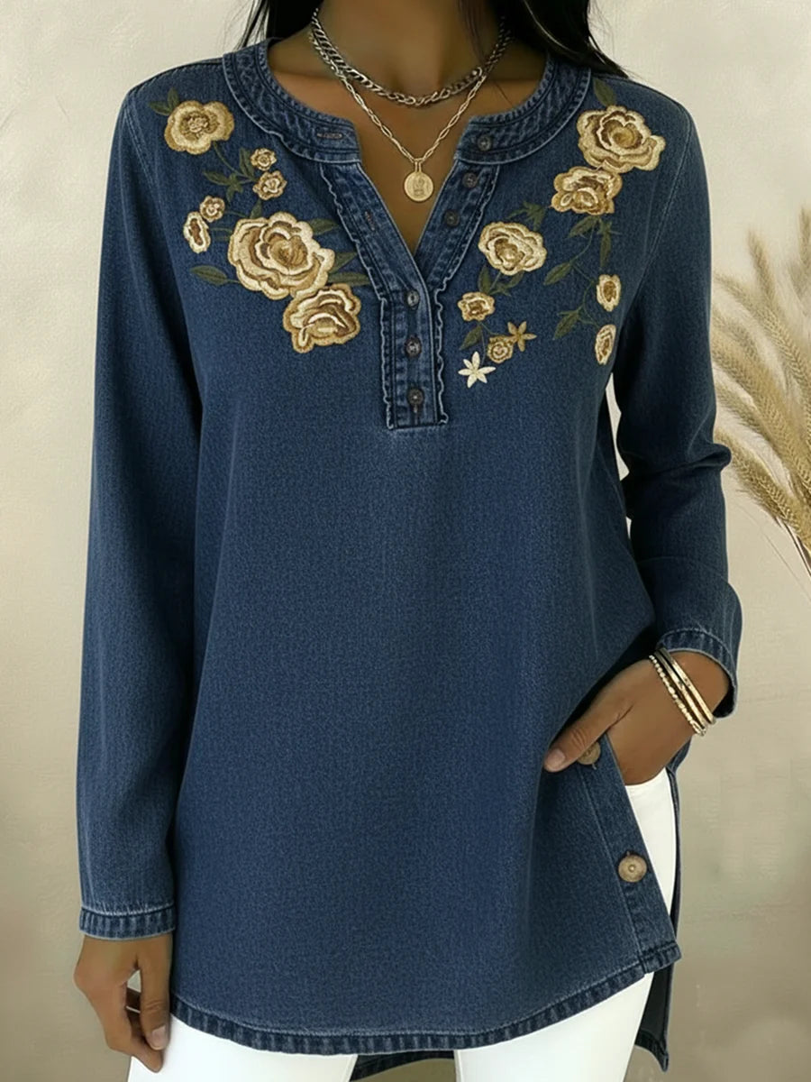 Vintažiniai siuvinėti džinsiniai marškinėliai