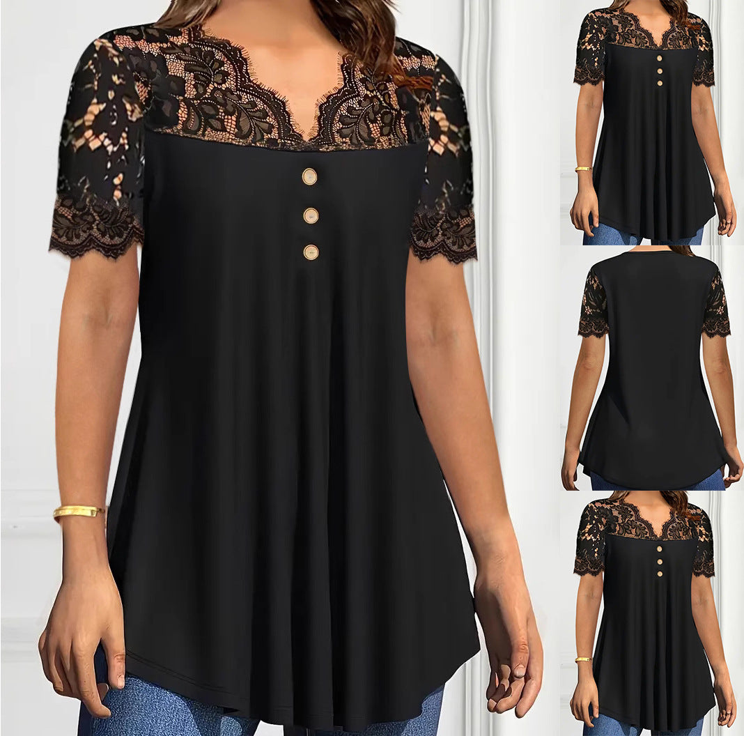 Moteriški nėriniuoti marškinėliai su V formos iškirpte