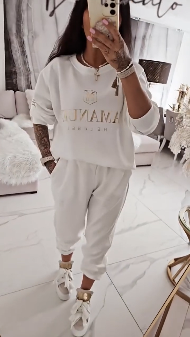 Moteriškas laisvalaikio komplektas, marginta palaidinė ir laisvos kelnės