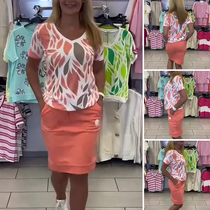 Elegantiškas moteriškas dviejų dalių komplektas su raštais