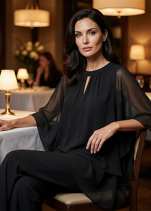 Elegantiškas, moteriškas, plačių kelnių komplektas