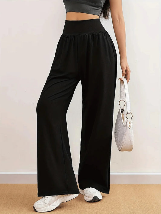 Moteriškos plačios sportinės kelnės aukštu liemeniu