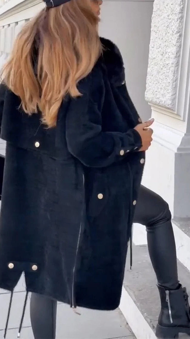 Moteriškas žieminis vienspalvis šiltas paltas su gobtuvu