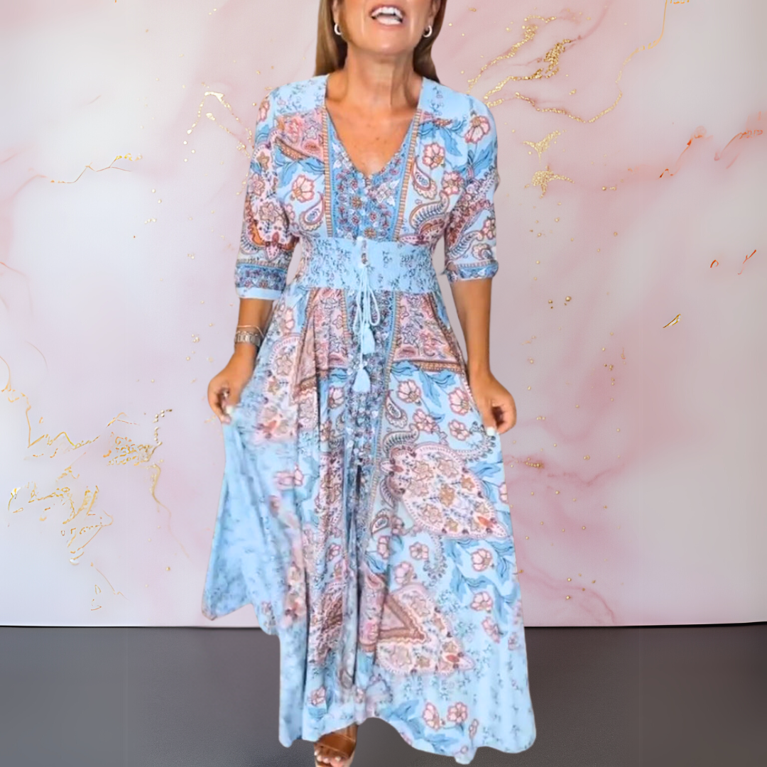Elegantiška vasarinė suknelė su V formos iškirpte