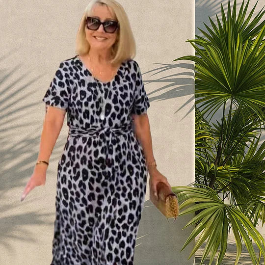 Moteriška ilga suknelė su leopardo raštu