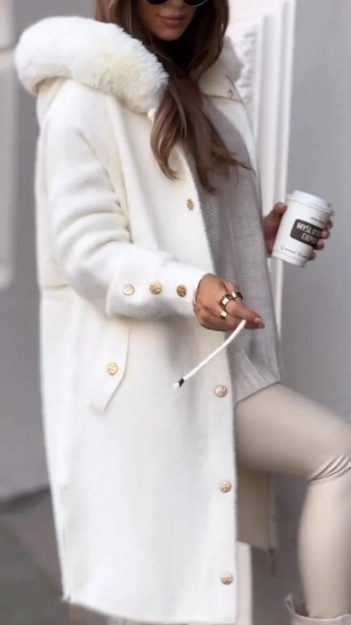 Moteriškas žieminis vienspalvis šiltas paltas su gobtuvu