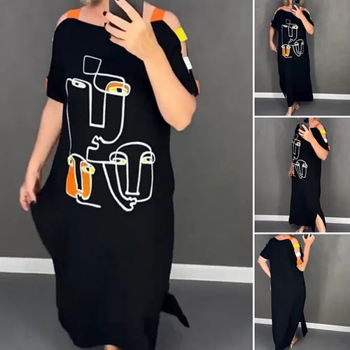 Juoda suknelė trumpomis rankovėmis su piešiniu