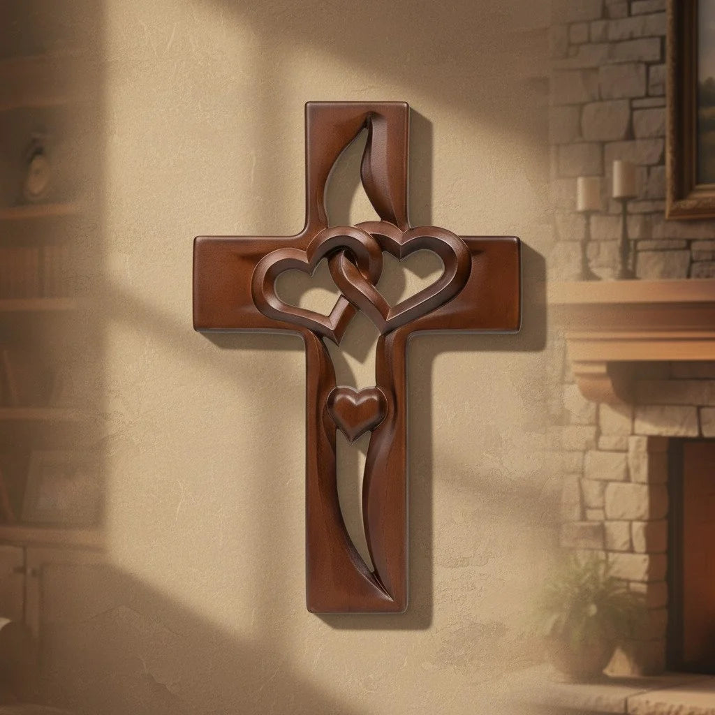 Rankomis raižyta medinė kryžiaus dekoracija