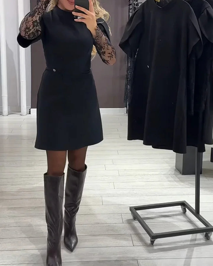 Moteriška elegantiška suknelė su nėriniuotomis rankovėmis