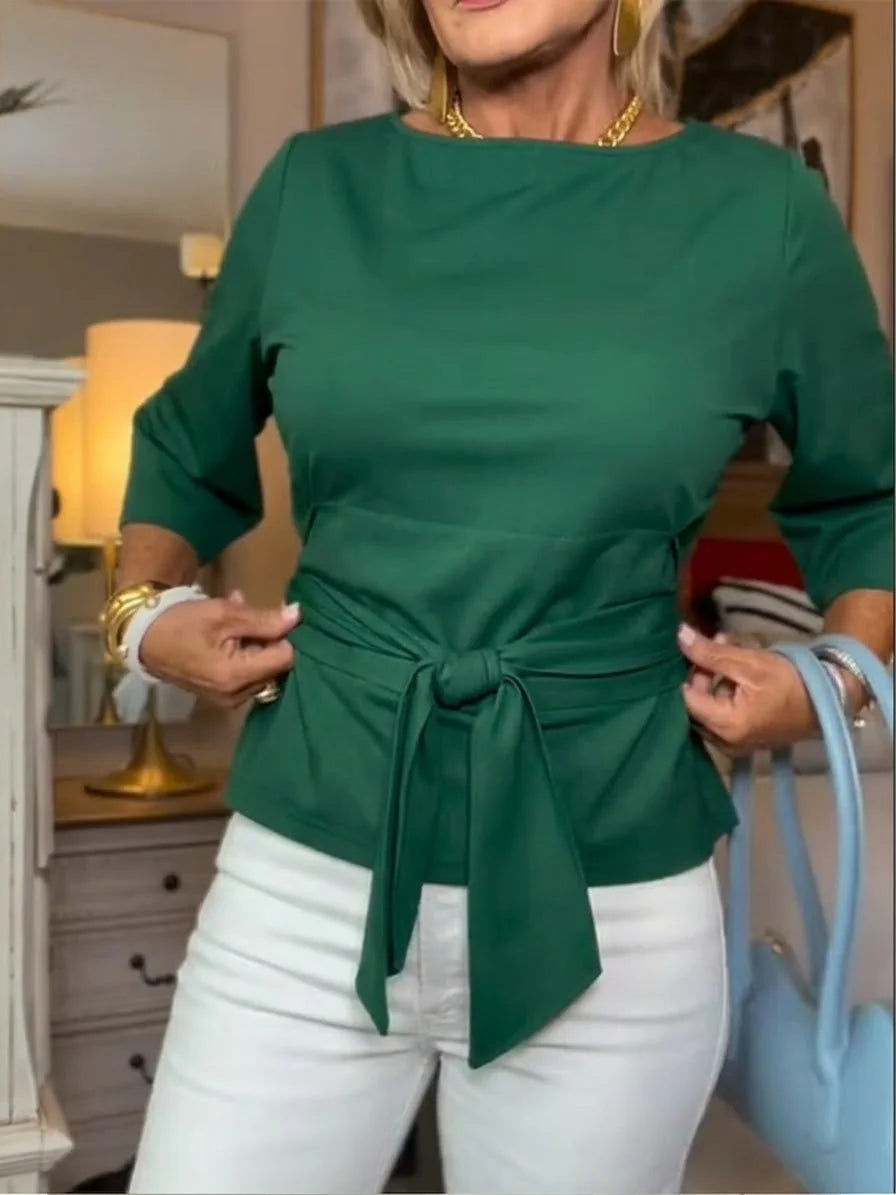 Moteriški laisvalaikio marškinėliai su užrišamu kaspinu