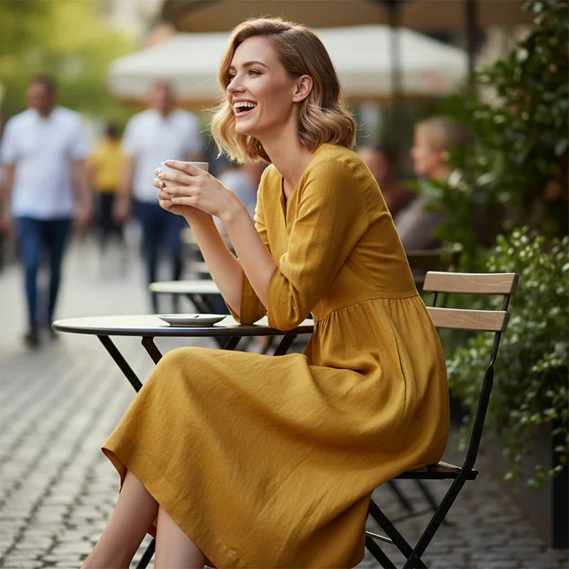 Moteriška laisvalaikio suknelė su V formos iškirpte ir 3/4 rankovėmis bei kišenėmis