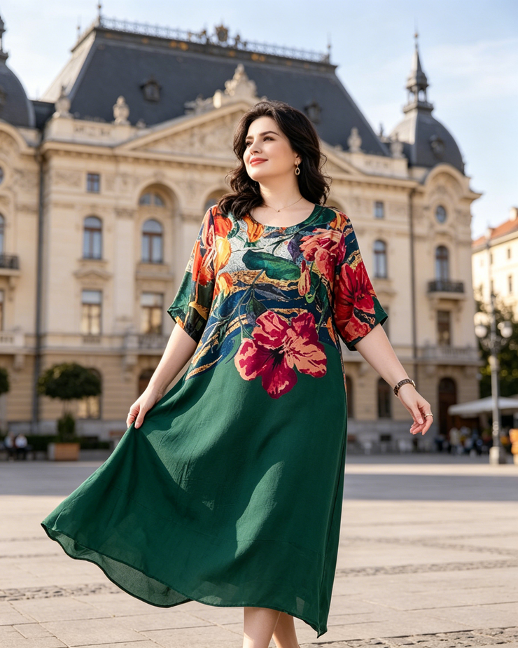Elegantiška moteriška gėlėta didelių dydžių suknelė