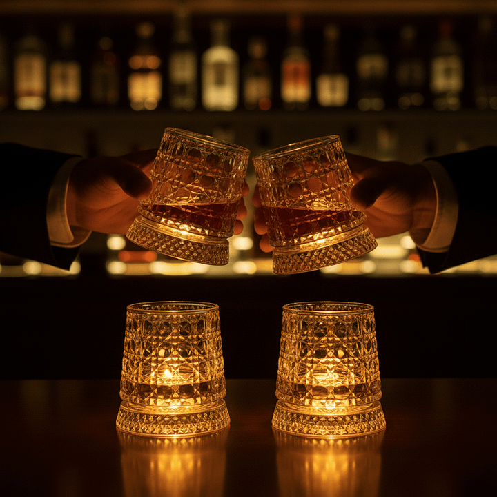 360° besisukanti kinetinio krištolo viskio taurė