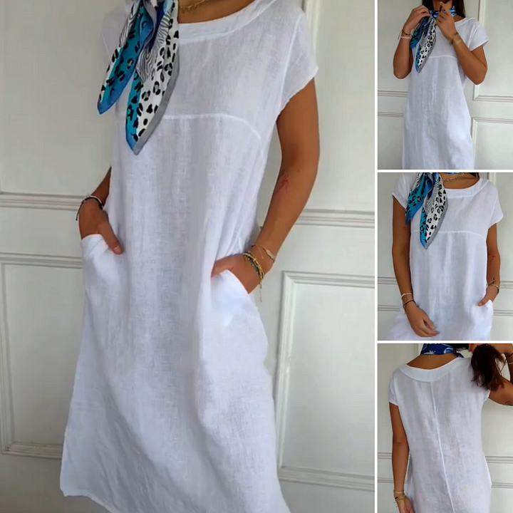 Moteriška paprasta suknelė trumpomis rankovėmis