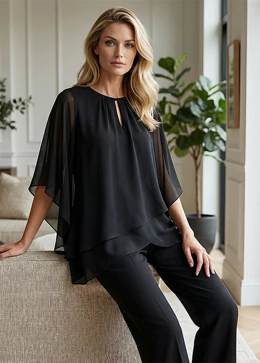 Elegantiškas, moteriškas, plačių kelnių komplektas