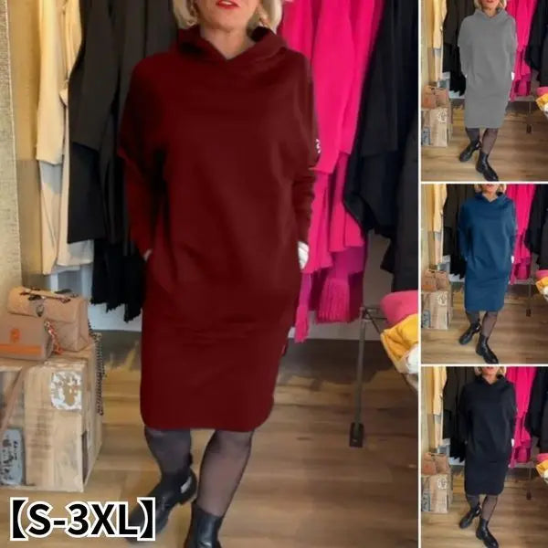 Džemperio tipo suknelė su kapišonu ir kišenėmis
