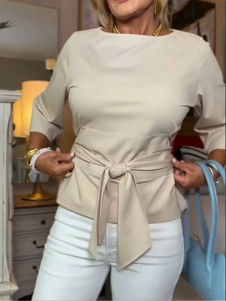 Moteriški laisvalaikio marškinėliai su užrišamu kaspinu