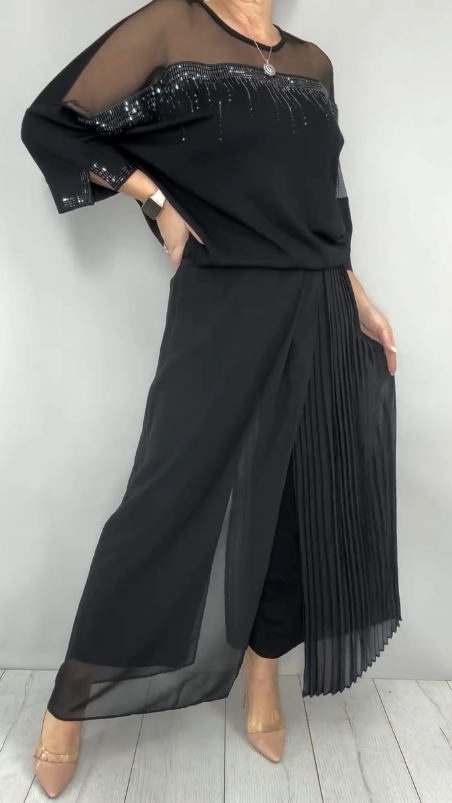 Komplektas: tinklinė palaidinė ir plačios kelnės