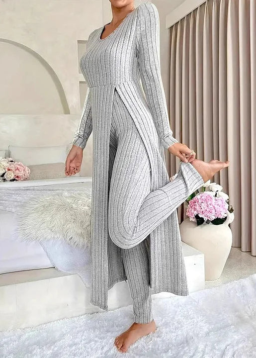 Elegantiškas dviejų dalių laisvalaikio komplektas: kelnės ir kardiganas