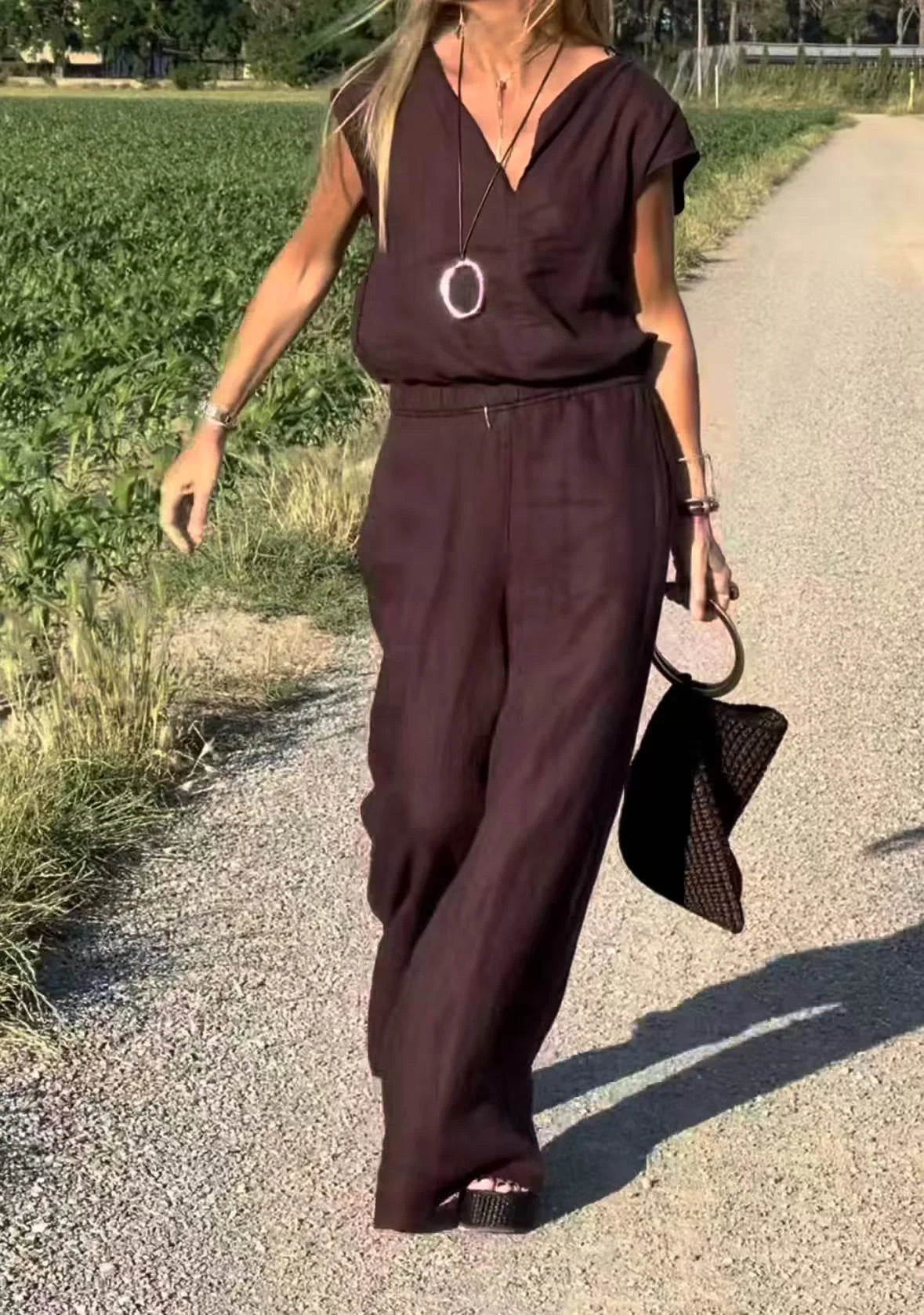 Moteriškas laisvalaikio dviejų dalių medvilnės ir lino komplektas