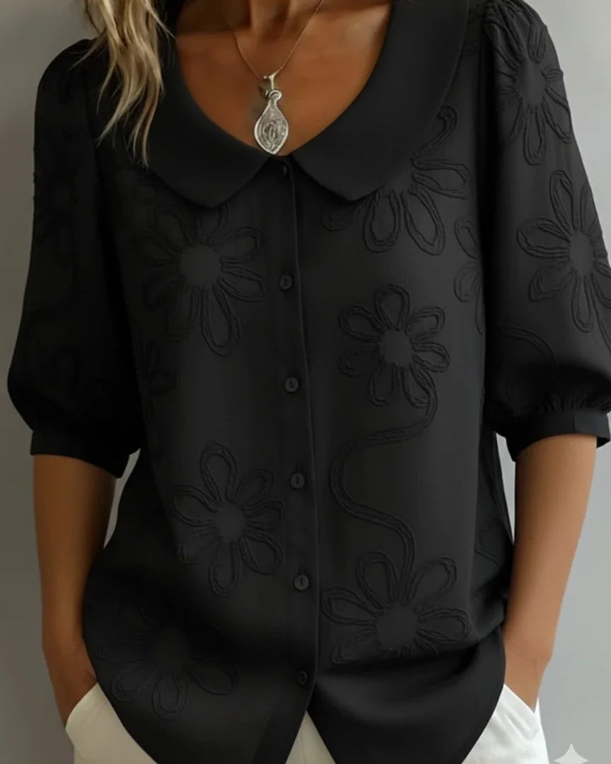 Marškiniai su stačia apykakle ir siuvinėtomis gėlėmis