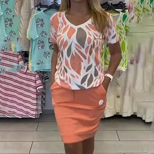Elegantiškas moteriškas dviejų dalių komplektas su raštais