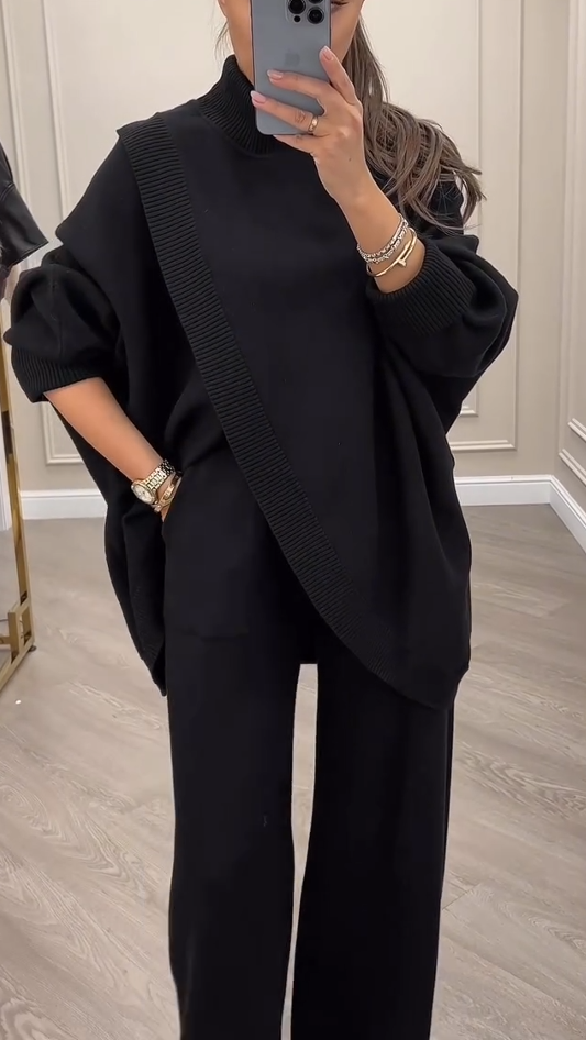 Moteriškas madingas megztas komplektas su aukštu kaklu ir plačiomis kelnėmis