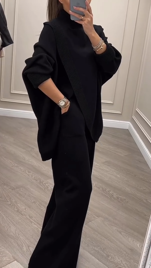 Moteriškas madingas megztas komplektas su aukštu kaklu ir plačiomis kelnėmis