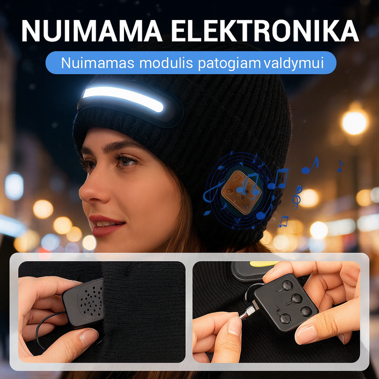 Įkraunama kepurė su „Bluetooth“ ir šviesa