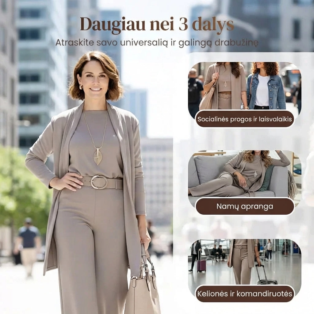 Elegantiškas trijų dalių komplektas, kurį sudaro ilgas megztinis, palaidinė ir kelnės