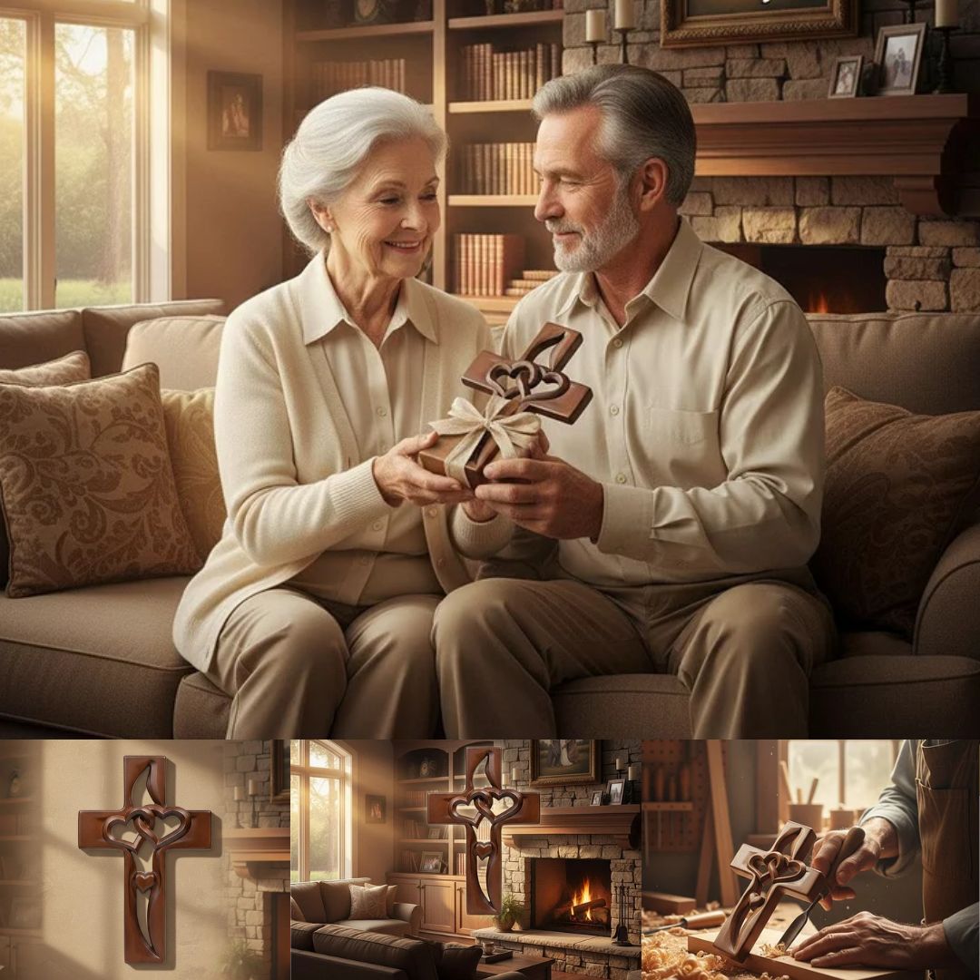 Rankomis raižyta medinė kryžiaus dekoracija