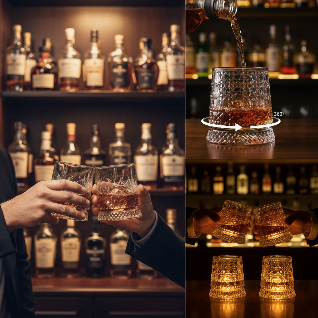 360° besisukanti kinetinio krištolo viskio taurė