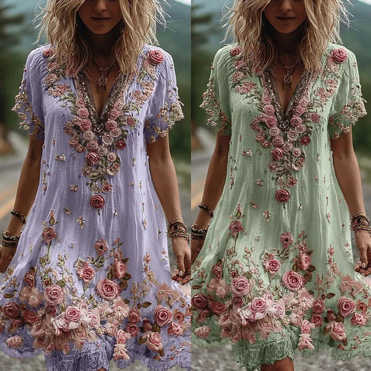 Vintažinė trumpų rankovių suknelė su gėlių siuvinėjimu