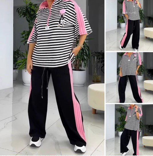 Moteriškas dryžuotos palaidinės ir kelnių komplektas