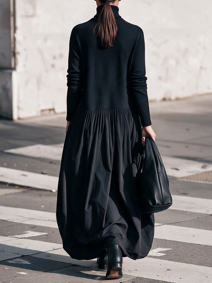 Ilga laisva suknele su aukšta apykakle ir kisenemis