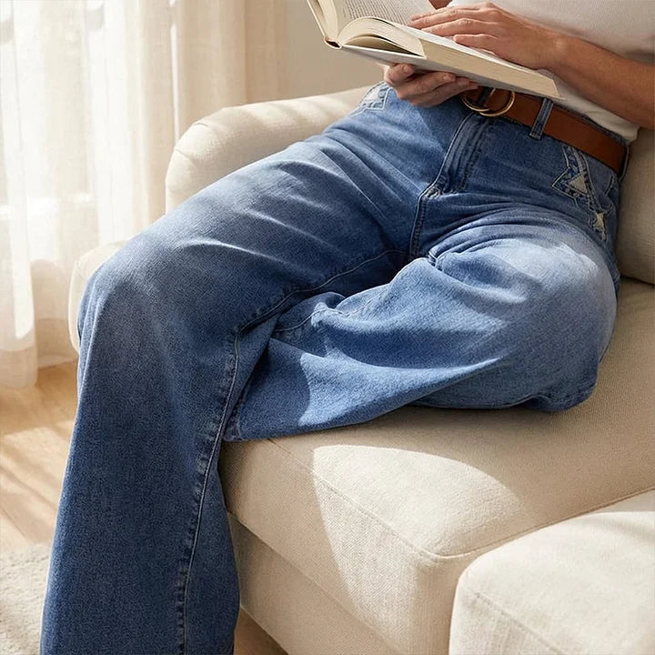 Moteriškos plačios džinsinės kelnės aukštu liemeniu