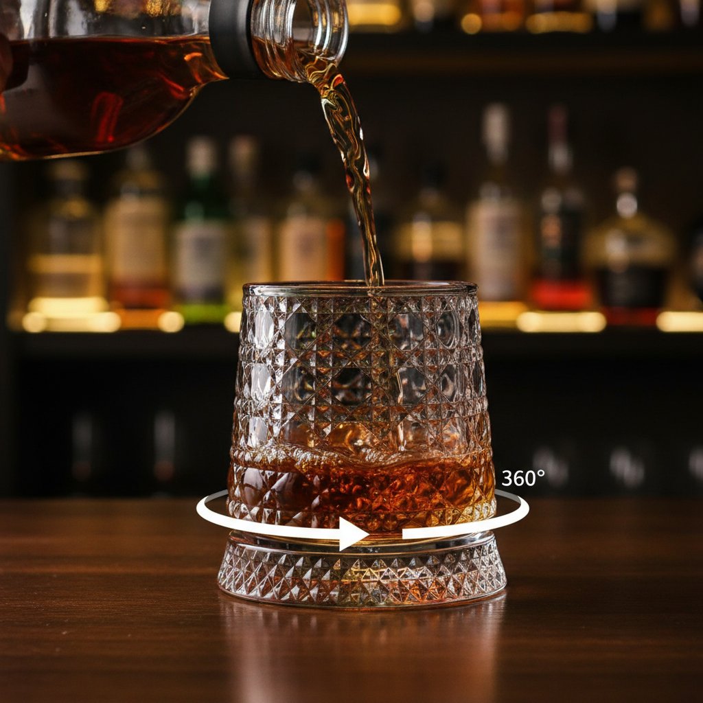 360° besisukanti kinetinio krištolo viskio taurė