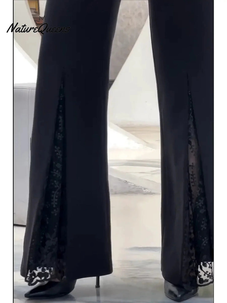Elegantiškos nėriniuotos platėjančios kelnės moterims