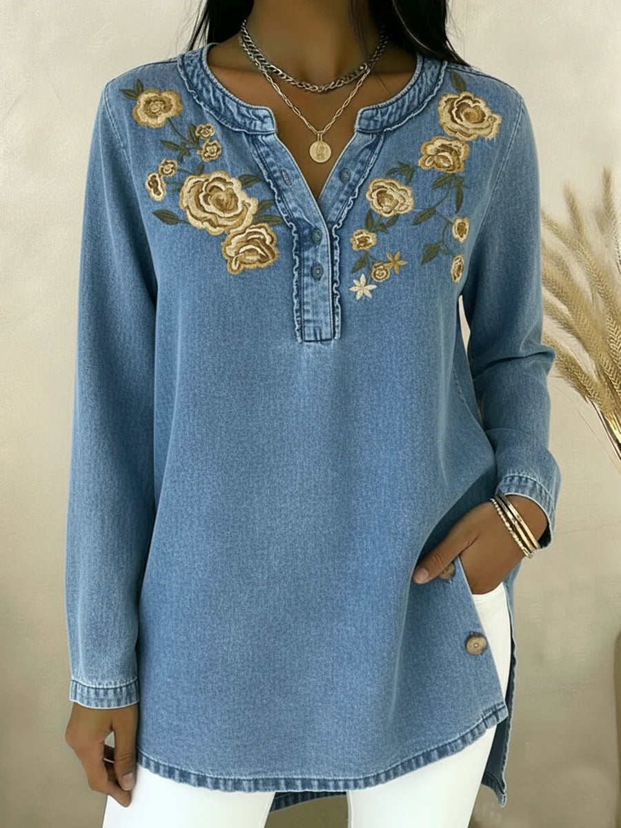 Vintažiniai siuvinėti džinsiniai marškinėliai