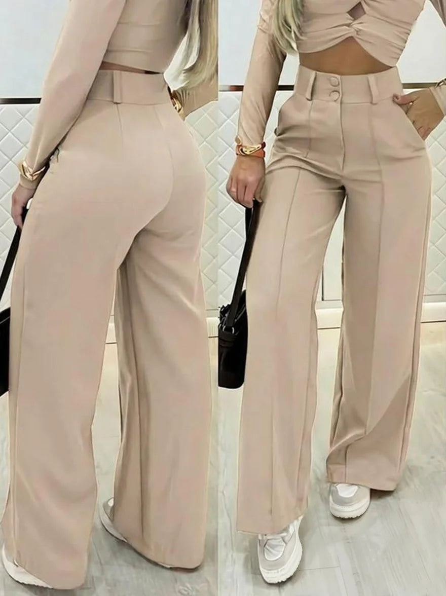 Moteriškos vientisos, plačios kelnės aukštu liemeniu