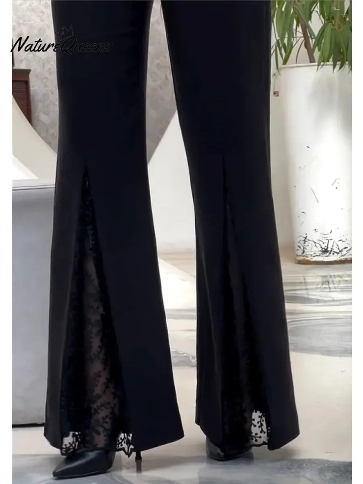 Elegantiškos nėriniuotos platėjančios kelnės moterims