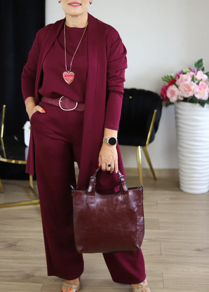 Elegantiškas ilgas megztinis, palaidinė ir kelnės, trijų dalių komplektas