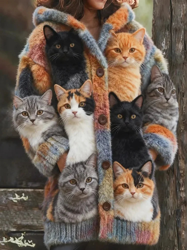 Moteriškas šiltas megztinis su katėmis