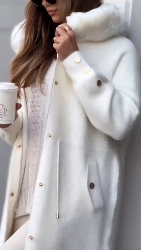 Moteriškas žieminis vienspalvis šiltas paltas su gobtuvu