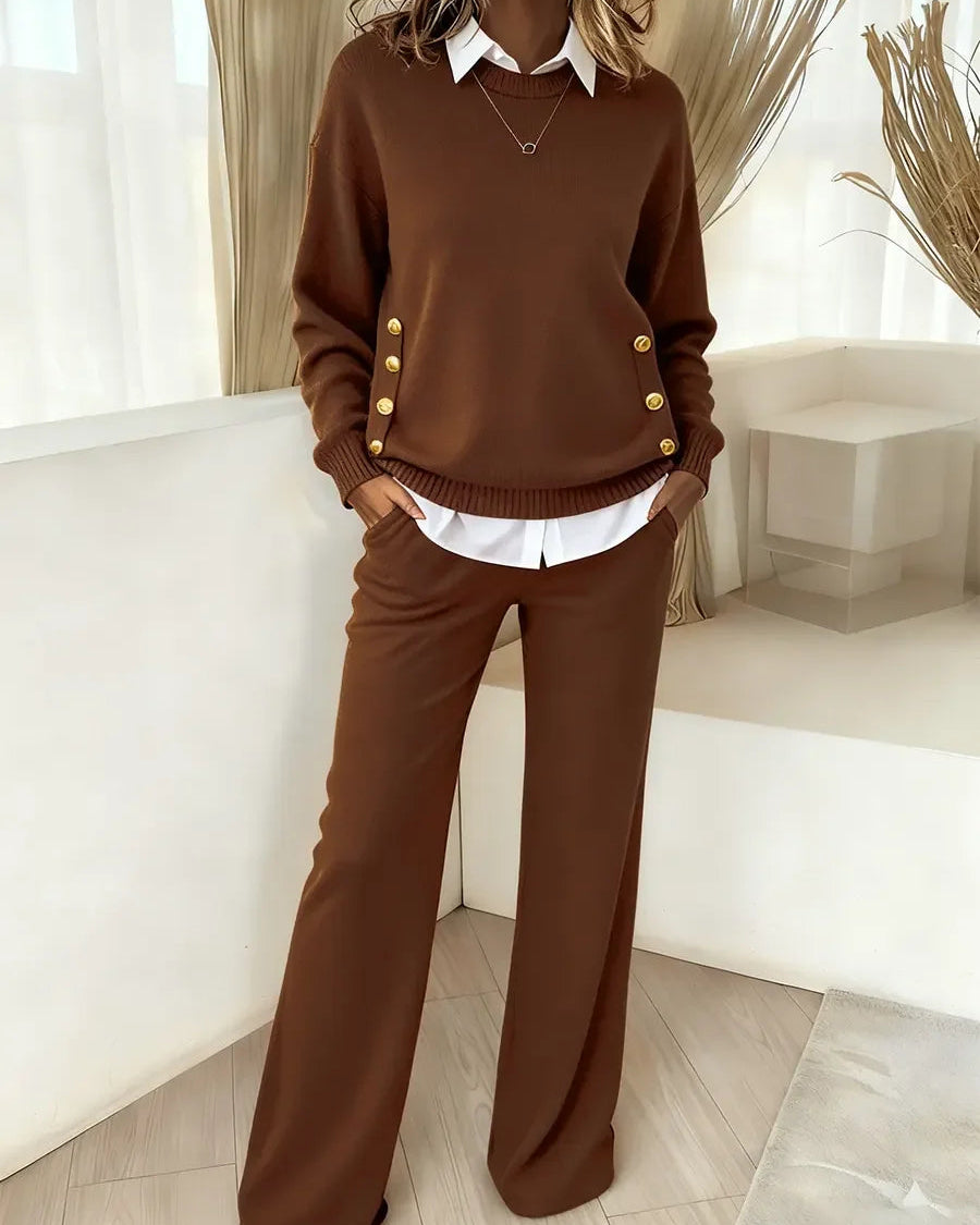 Moteriškas patogus megztinis ir kelnės iš dviejų dalių