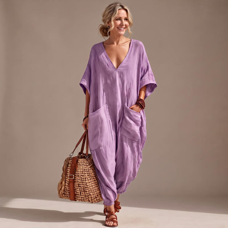 Laisvas vasarinis kombinezonas moterims su V formos iškirpte