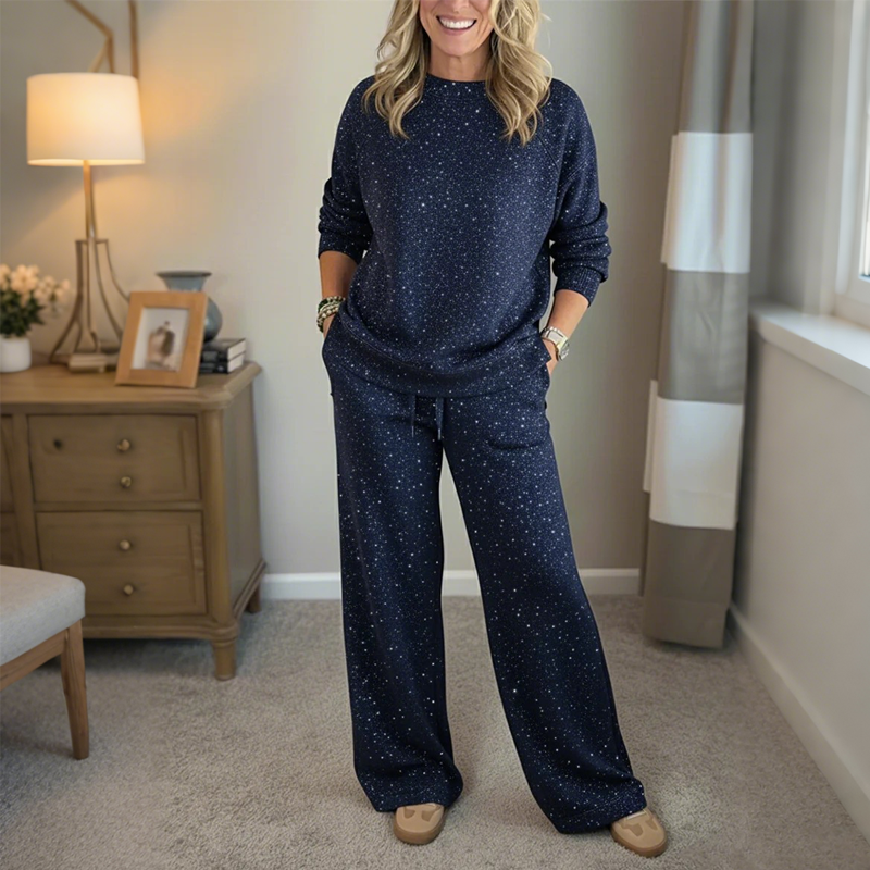 Moteriškas dviejų dalių komplektas su blizgučiais: megztinis ir kelnės