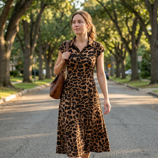 Elegantiška moteriška suknelė su leopardo raštu