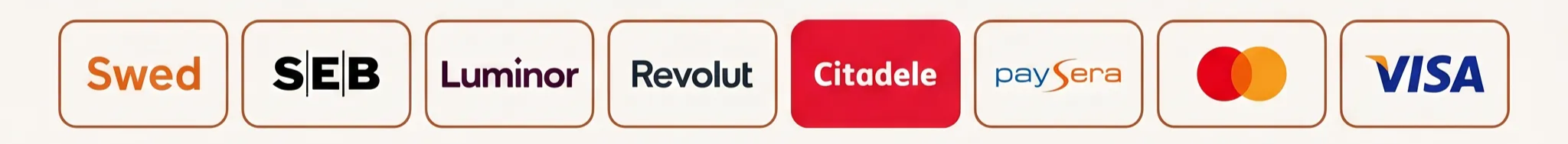 Swedbank, SEB, Luminor, Revolut, Citadele, Paysera, Mastercard, VISA